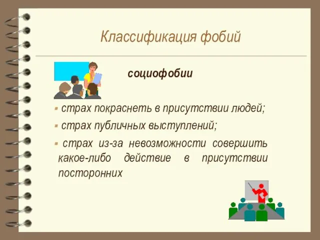 Классификация фобий социофобии страх покраснеть в присутствии людей; страх публичных выступлений; страх