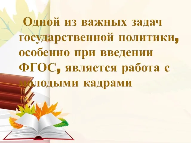 Одной из важных задач государственной политики, особенно при введении ФГОС, является работа с молодыми кадрами