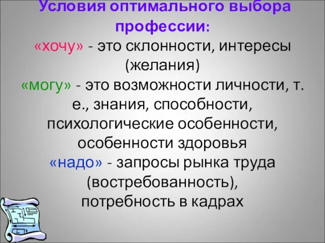 Условия оптимального выбора профессии: «хочу» - это склонности, интересы (желания) «могу» -