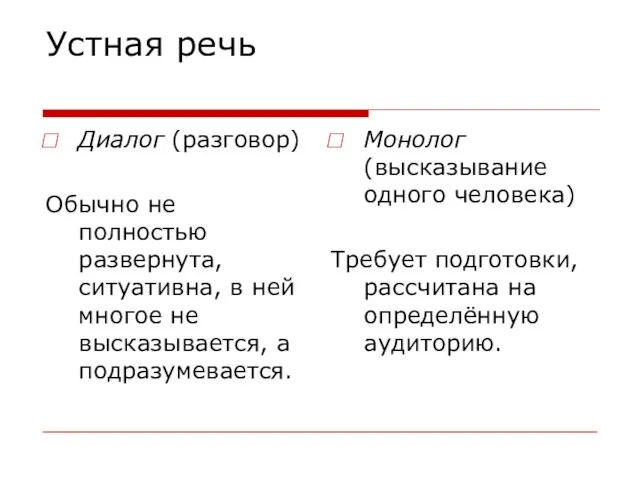 Устная речь Диалог (разговор) Обычно не полностью развернута, ситуативна, в ней многое