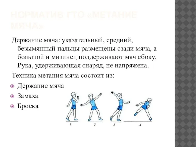 Норматив ГТО «метание мяча» Держание мяча: указательный, средний, безымянный пальцы размещены сзади