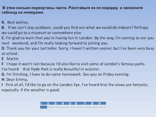 В этом письме перепутаны части. Расставьте их по порядку и заполните таблицу