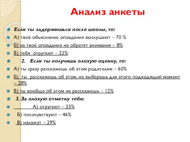 Анализ анкеты Если ты задержишься после школы, то: А) твоё объяснение опоздания