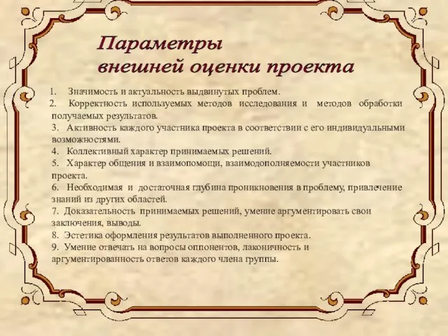 Параметры внешней оценки проекта Значимость и актуальность выдвинутых проблем. Корректность используемых методов