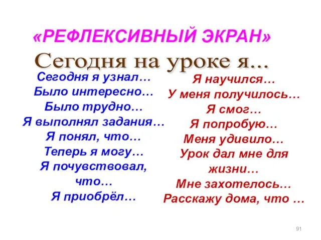 Сегодня на уроке я... «РЕФЛЕКСИВНЫЙ ЭКРАН» Сегодня я узнал… Было интересно… Было