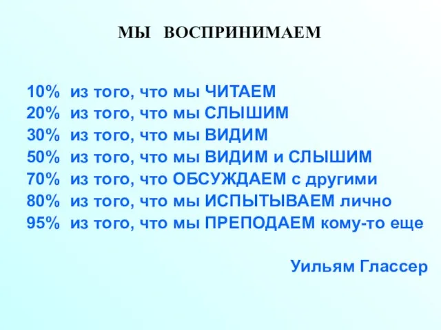 МЫ ВОСПРИНИМАЕМ 10% из того, что мы ЧИТАЕМ 20% из того, что