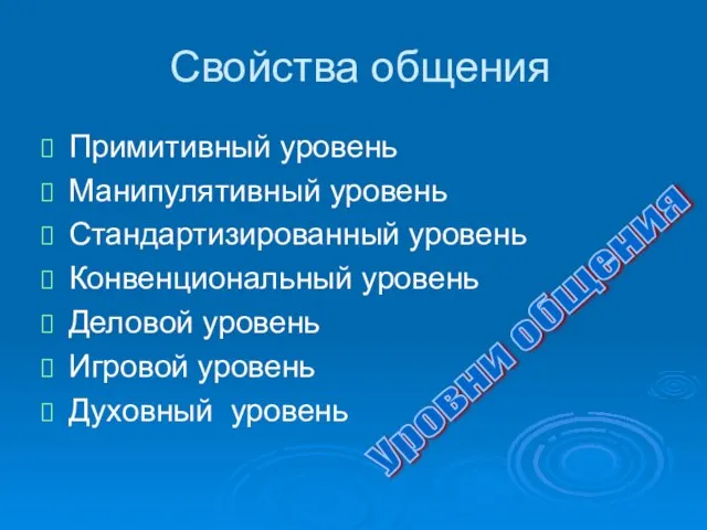 Свойства общения Примитивный уровень Манипулятивный уровень Стандартизированный уровень Конвенциональный уровень Деловой уровень