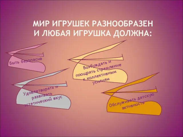 МИР ИГРУШЕК РАЗНООБРАЗЕН И ЛЮБАЯ ИГРУШКА ДОЛЖНА: Быть безопасна Удовлетворять и развивать