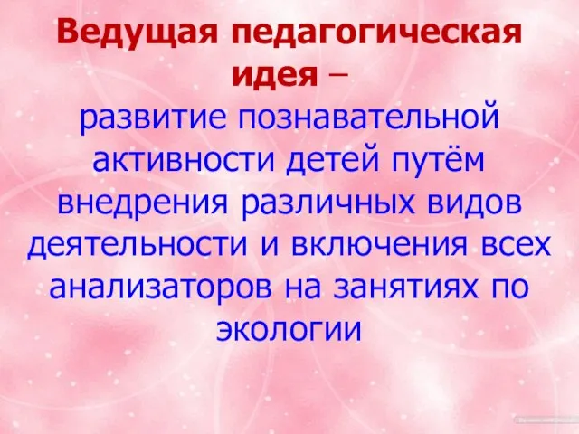 Тема. «Формирование познавательной активности через экологическое воспитание». Ведущая педагогическая идея – развитие