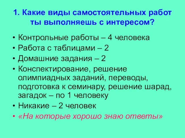 1. Какие виды самостоятельных работ ты выполняешь с интересом? Контрольные работы –