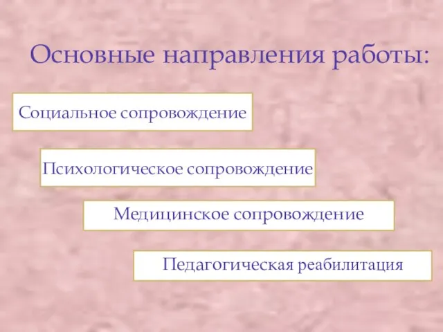 Основные направления работы: Социальное сопровождение Психологическое сопровождение Медицинское сопровождение Педагогическая реабилитация