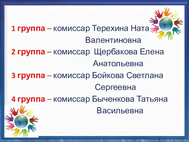 1 группа – комиссар Терехина Наталья Валентиновна 2 группа – комиссар Щербакова