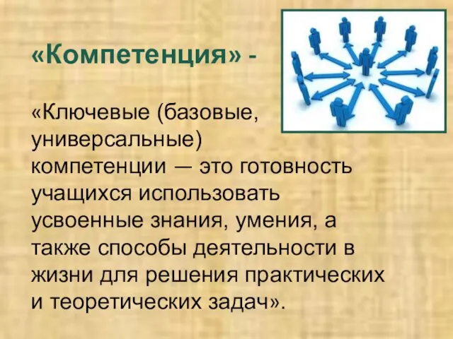 «Компетенция» - «Ключевые (базовые, универсальные) компетенции — это готовность учащихся использовать усвоенные