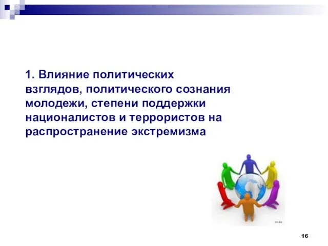 1. Влияние политических взглядов, политического сознания молодежи, степени поддержки националистов и террористов на распространение экстремизма