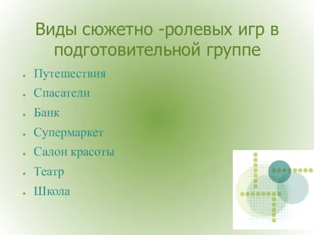 Виды сюжетно -ролевых игр в подготовительной группе Путешествия Спасатели Банк Супермаркет Салон красоты Театр Школа