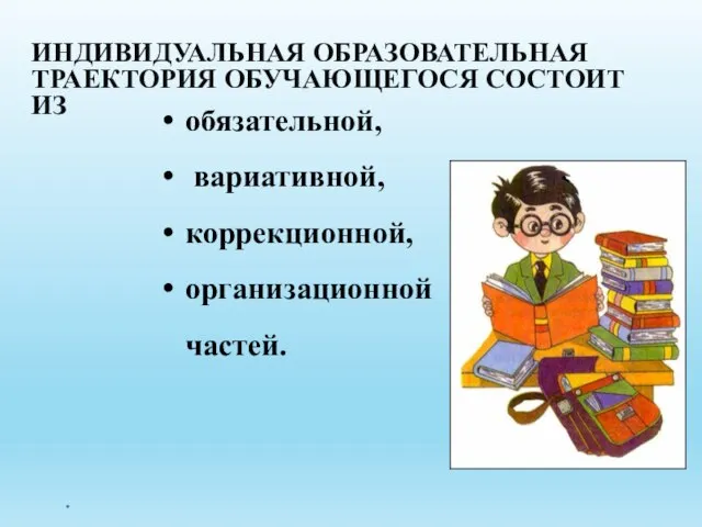 ИНДИВИДУАЛЬНАЯ ОБРАЗОВАТЕЛЬНАЯ ТРАЕКТОРИЯ ОБУЧАЮЩЕГОСЯ СОСТОИТ ИЗ * обязательной, вариативной, коррекционной, организационной частей.