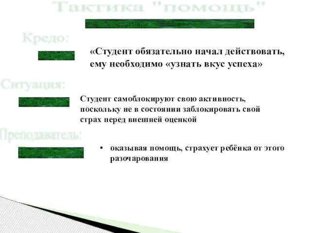 «Студент обязательно начал действовать, ему необходимо «узнать вкус успеха» Тактика "помощь" Кредо: