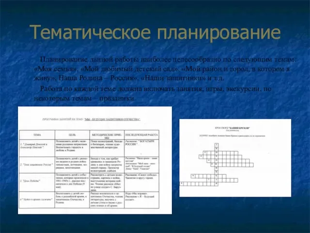 Тематическое планирование Планирование данной работы наиболее целесообразно по следующим темам: «Моя семья»,