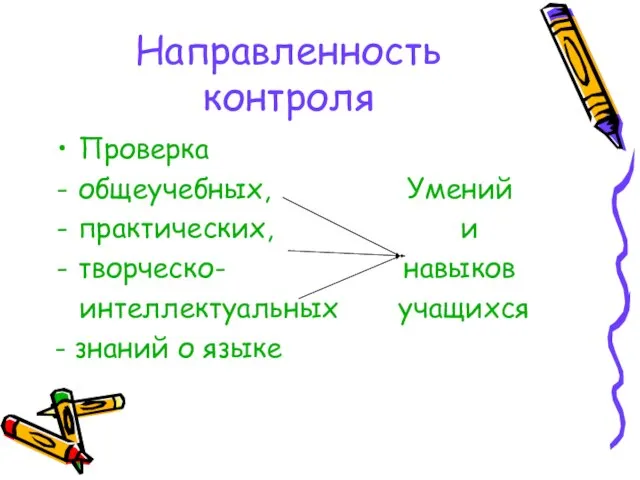 Направленность контроля Проверка общеучебных, Умений практических, и творческо- навыков интеллектуальных учащихся - знаний о языке