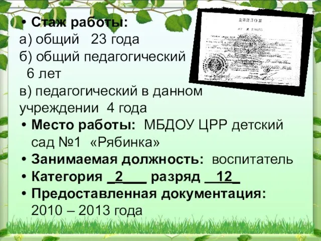 Стаж работы: а) общий 23 года б) общий педагогический 6 лет в)