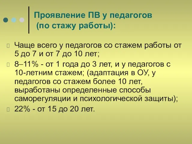 Проявление ПВ у педагогов (по стажу работы): Чаще всего у педагогов со