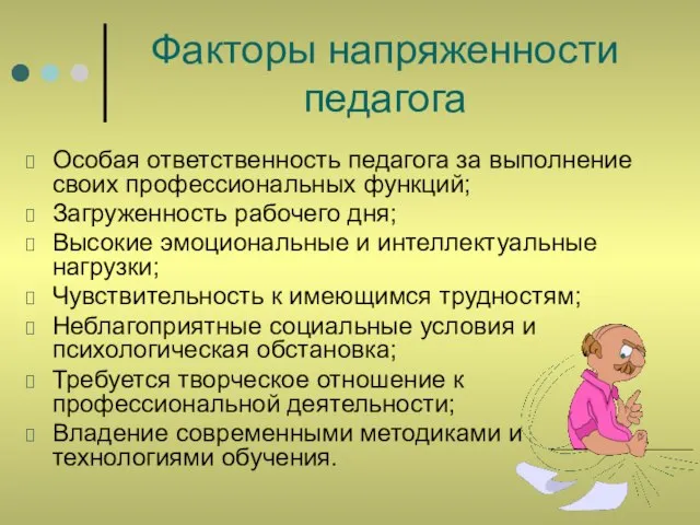 Факторы напряженности педагога Особая ответственность педагога за выполнение своих профессиональных функций; Загруженность