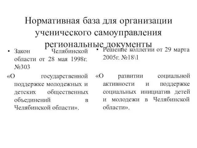 Нормативная база для организации ученического самоуправления региональные документы Закон Челябинской области от
