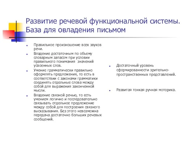 Развитие речевой функциональной системы. База для овладения письмом Правильное произношение всех звуков