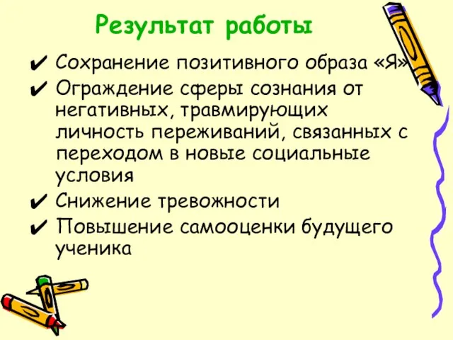 Результат работы Сохранение позитивного образа «Я» Ограждение сферы сознания от негативных, травмирующих