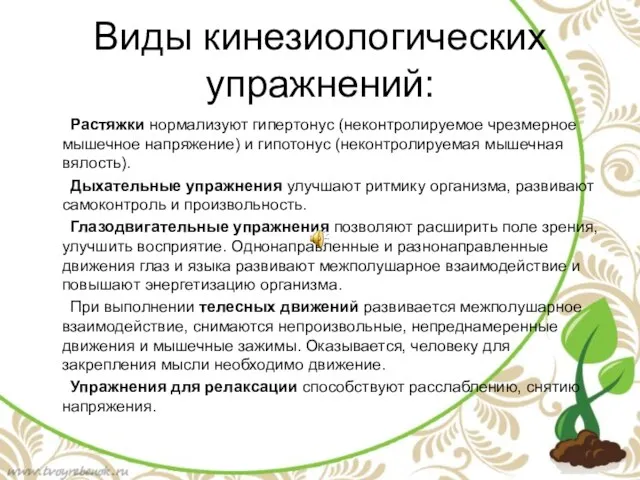 Виды кинезиологических упражнений: Растяжки нормализуют гипертонус (неконтролируемое чрезмерное мышечное напряжение) и гипотонус