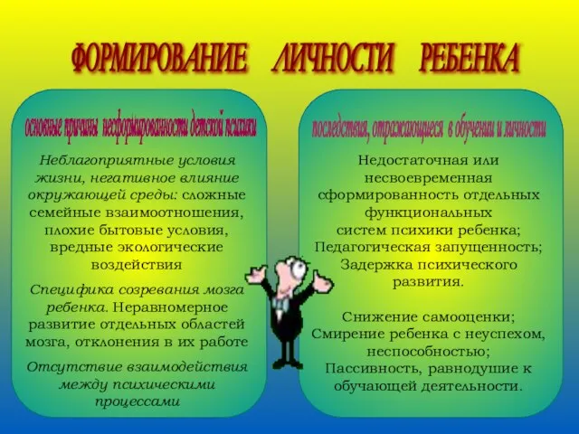 ФОРМИРОВАНИЕ ЛИЧНОСТИ РЕБЕНКА основные причины несформированности детской психики Неблагоприятные условия жизни, негативное