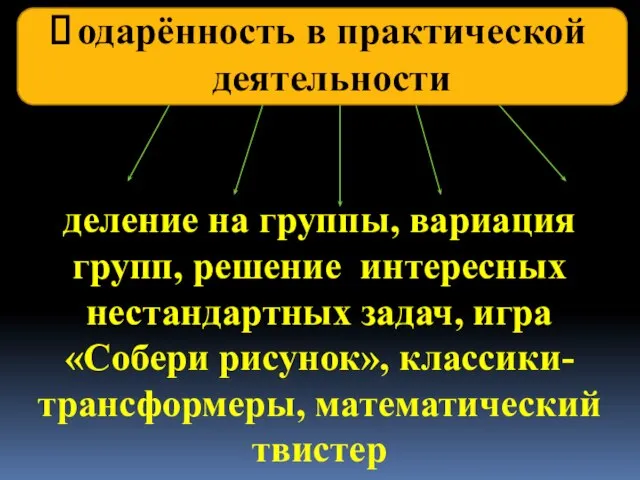 одарённость в практической деятельности деление на группы, вариация групп, решение интересных нестандартных