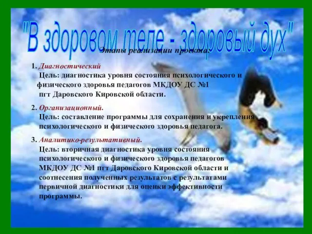 "В здоровом теле - здоровый дух" Этапы реализации проекта: 1. Диагностический Цель: