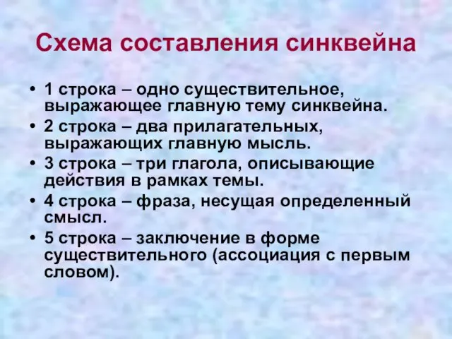 Схема составления синквейна 1 строка – одно существительное, выражающее главную тему cинквейна.