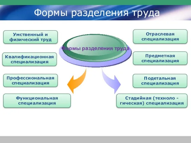 Формы разделения труда Формы разделения труда Умственный и физический труд Квалификационная специализация