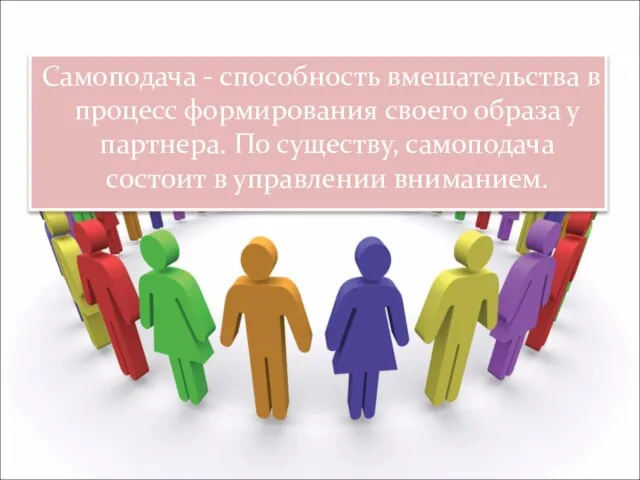 Самоподача - способность вмешательства в процесс формирования своего образа у партнера. По