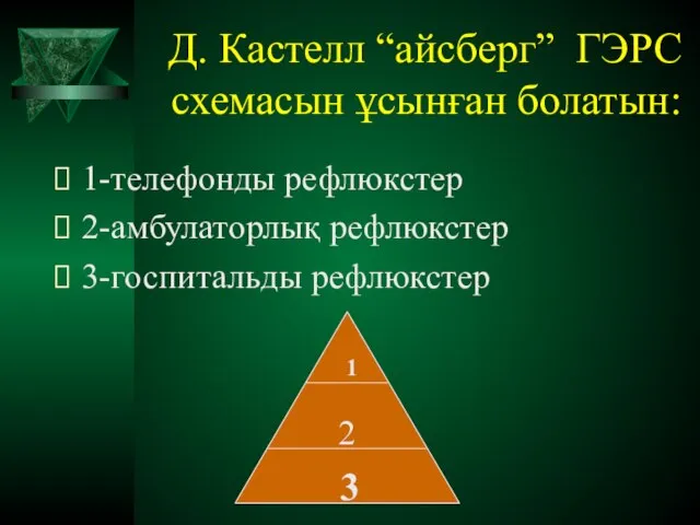 Д. Кастелл “айсберг” ГЭРС схемасын ұсынған болатын: 1-телефонды рефлюкстер 2-амбулаторлық рефлюкстер 3-госпитальды рефлюкстер 2 1 3