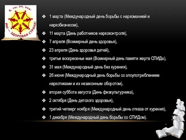 1 марта (Международный день борьбы с наркоманией и наркобизнесом), 11 марта (День