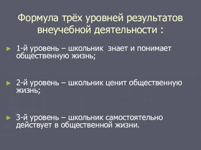 Формула трёх уровней результатов внеучебной деятельности : 1-й уровень – школьник знает