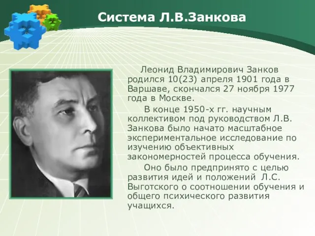 Система Л.В.Занкова Леонид Владимирович Занков родился 10(23) апреля 1901 года в Варшаве,