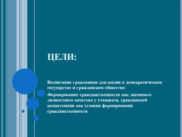 ЦЕЛИ: Воспитание гражданина для жизни в демократическом государстве и гражданском обществе; Формирование