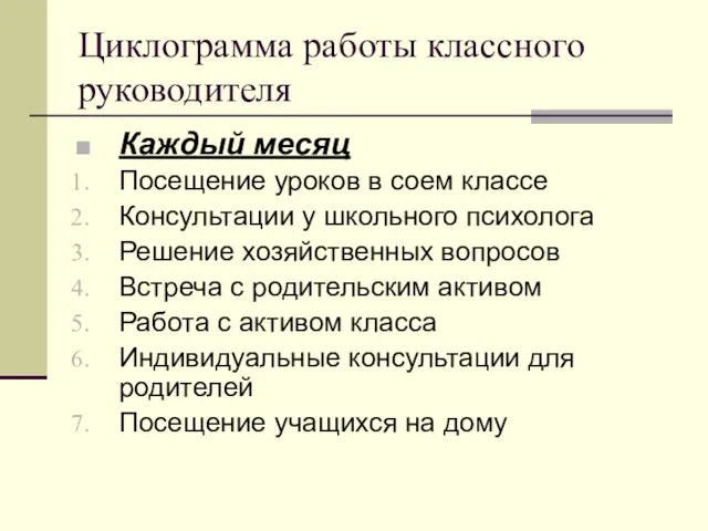 Циклограмма работы классного руководителя Каждый месяц Посещение уроков в соем классе Консультации