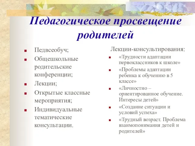 Педагогическое просвещение родителей Педвсеобуч; Общешкольные родительские конференции; Лекции; Открытые классные мероприятия; Индивидуальные