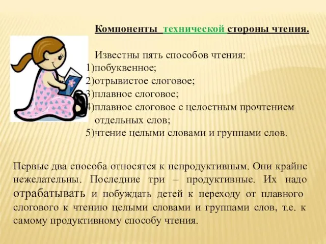 Компоненты технической стороны чтения. Известны пять способов чтения: побуквенное; отрывистое слоговое; плавное