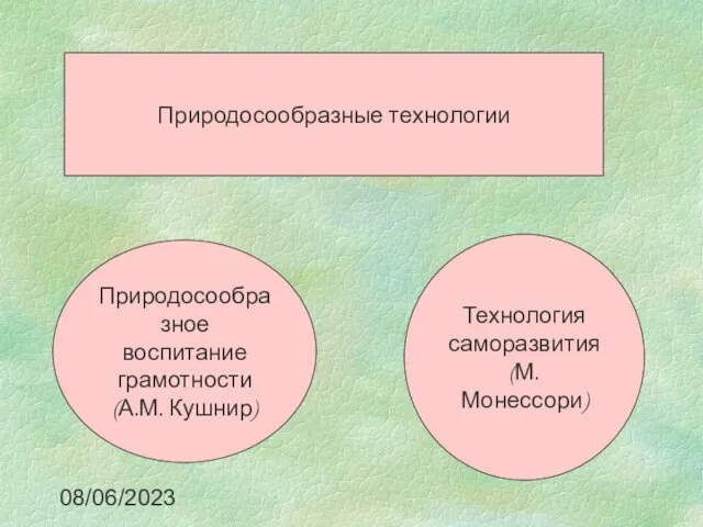 08/06/2023 Природосообразные технологии Природосообразное воспитание грамотности (А.М. Кушнир) Технология саморазвития (М. Монессори)