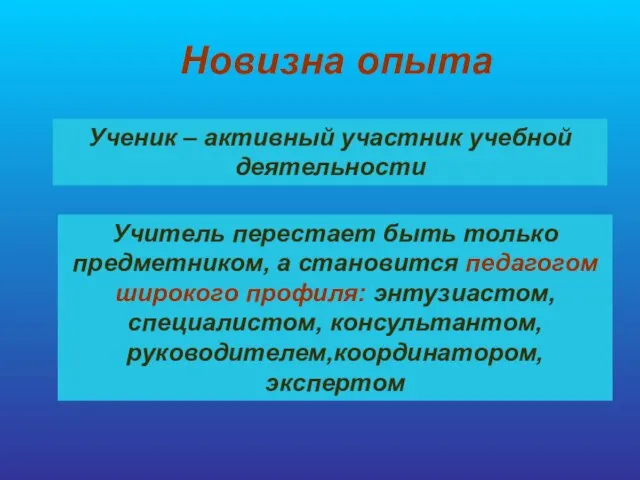 Новизна опыта Ученик – активный участник учебной деятельности Учитель перестает быть только