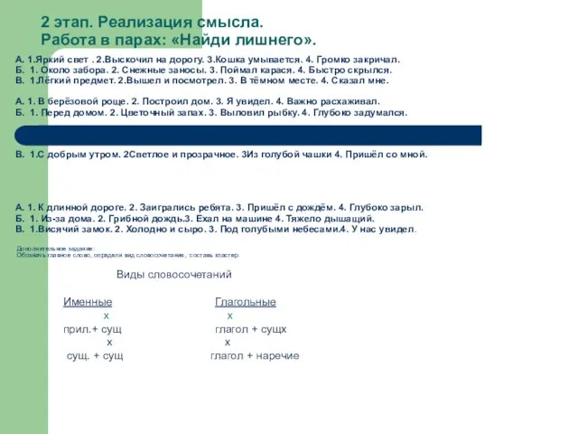 А. 1.Яркий свет . 2.Выскочил на дорогу. 3.Кошка умывается. 4. Громко закричал.