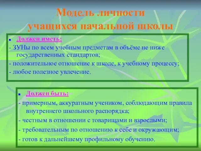 Модель личности учащихся начальной школы Должен быть: - примерным, аккуратным учеником, соблюдающим