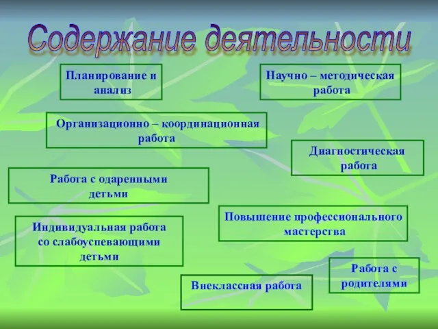 Диагностическая работа Работа с одаренными детьми Индивидуальная работа со слабоуспевающими детьми Планирование