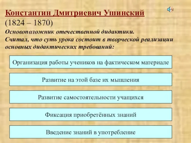 Константин Дмитриевич Ушинский (1824 – 1870) Основоположник отечественной дидактики. Считал, что суть